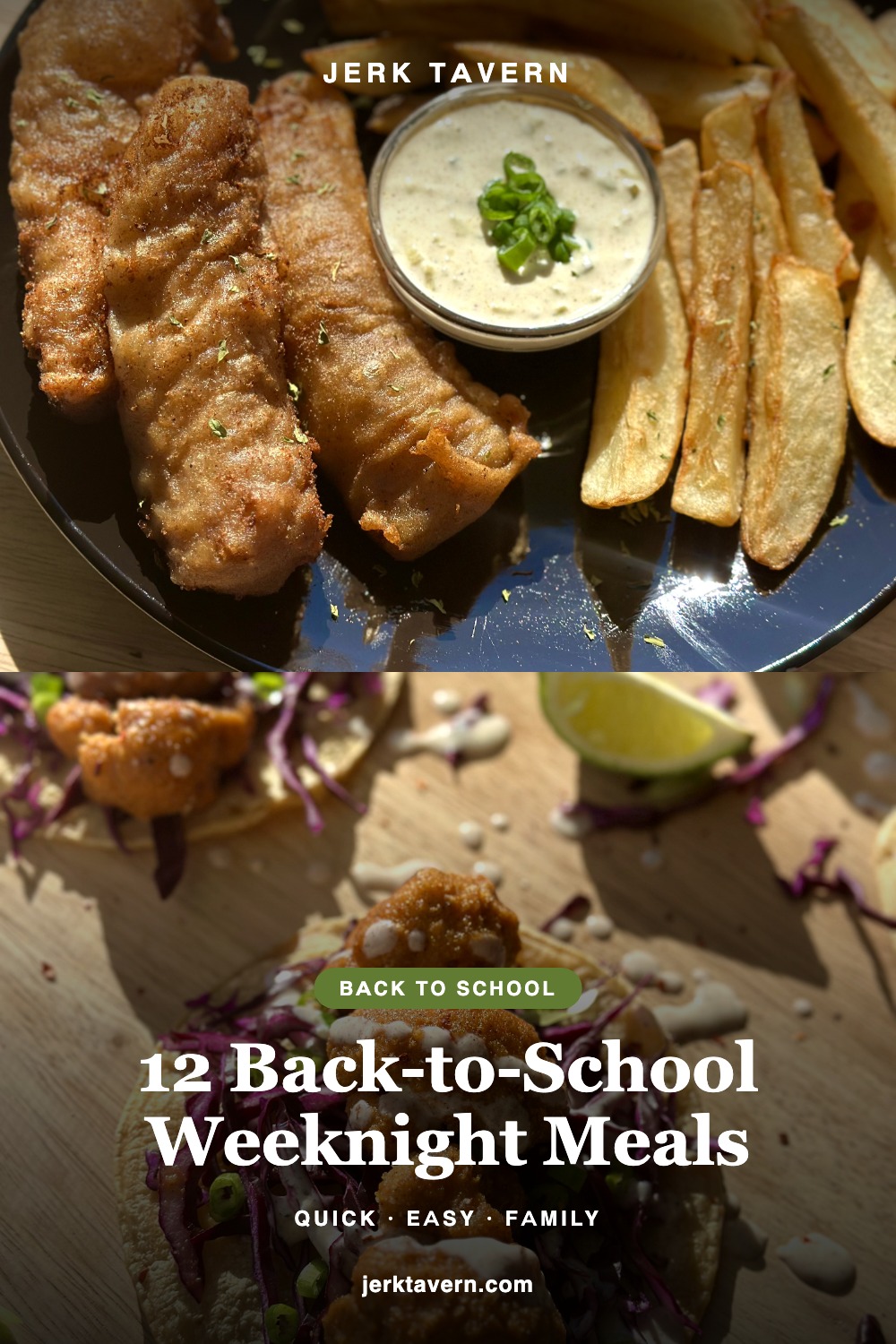 Golden jerk fish and chips above jerk buffalo cauliflower tacos, a quick Caribbean back-to-school weeknight meal roundup from Jerk Tavern