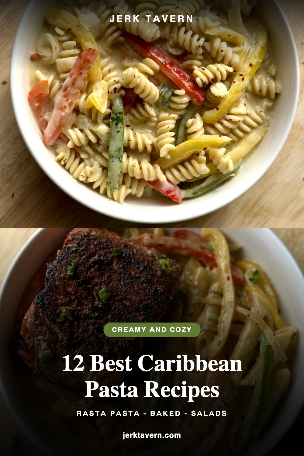 Creamy Caribbean rasta pasta and honey jerk salmon rasta pasta, 12 Best Caribbean Pasta Recipes from Jerk Tavern