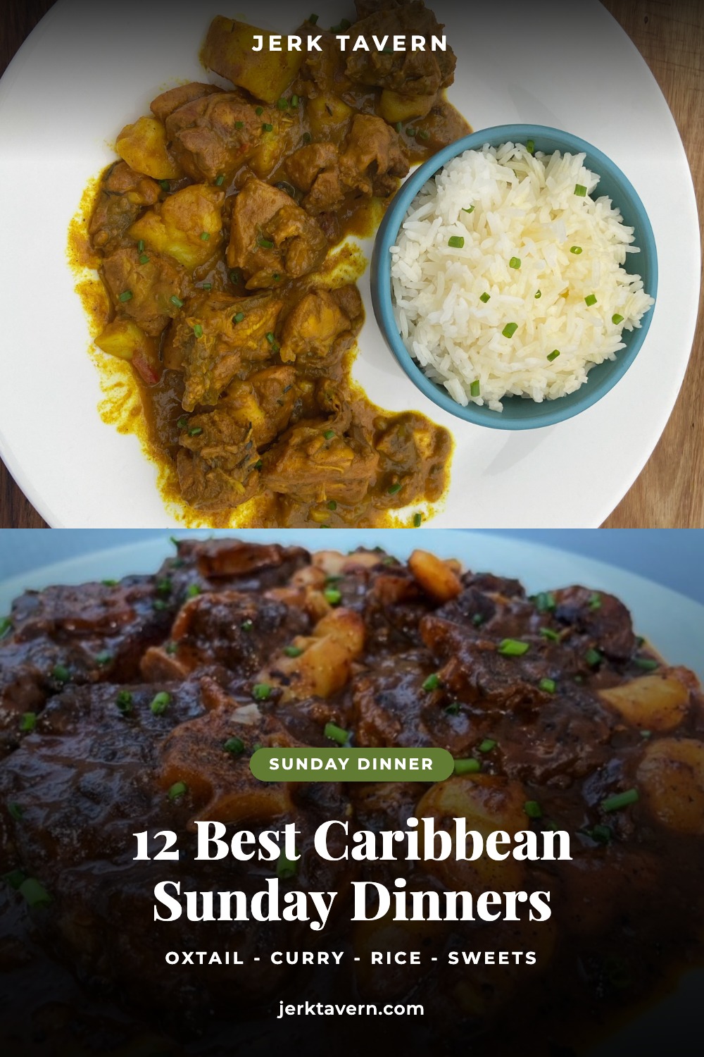 Jamaican curry chicken with rice above oxtail in brown gravy, titled 12 Best Caribbean Sunday Dinners