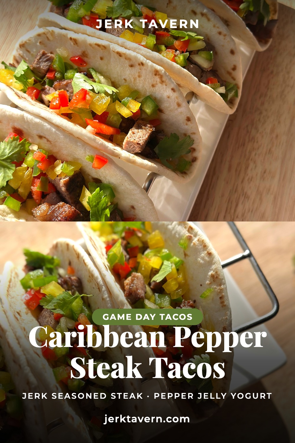 Caribbean pepper steak tacos with peppers, onion and cilantro in warm flour tortillas