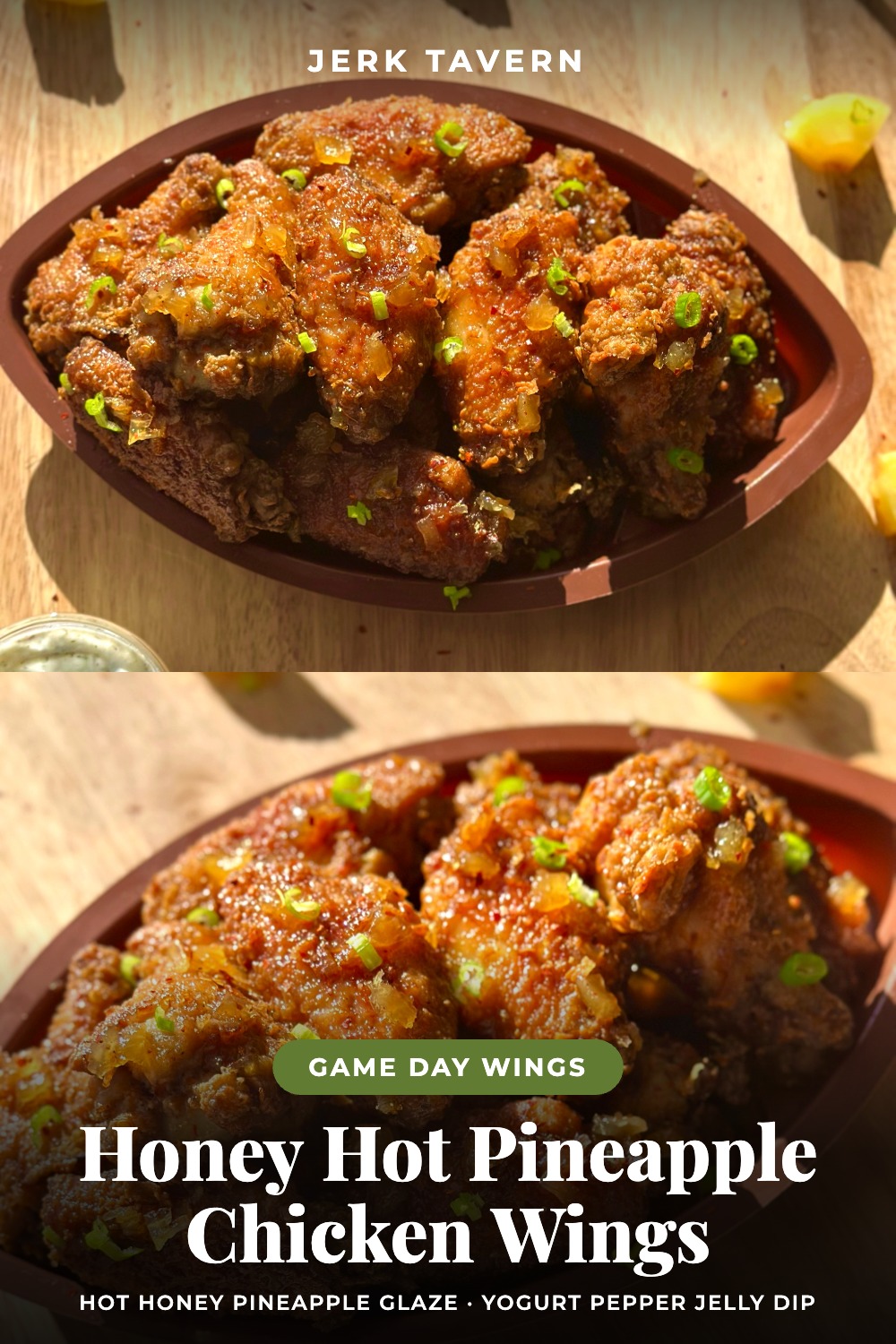 Honey Hot Pineapple Chicken Wings game day recipe pin from Jerk Tavern